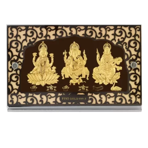 Gold Idols Frame Of Ganesh, Laxmi, Saraswati