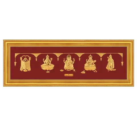 A 24K Pure Gold Idols Frame Including Balaji, Laxmi, Ganesha, Saraswati & Murugan.