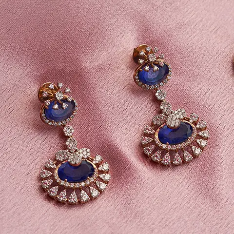 Blue Stone Diamond Drop Earrings with Floral Halo in Rose Gold