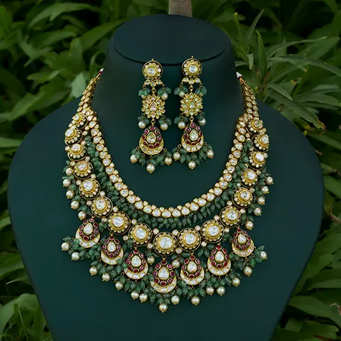 Polki Kundan Bridal Necklace Set with Green Bead Fringe and Ruby Drops