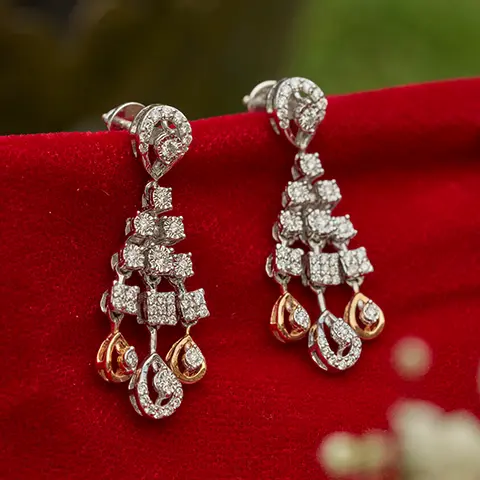 Diamond Chandelier Earrings with Teardrop Hangings in White and Rose