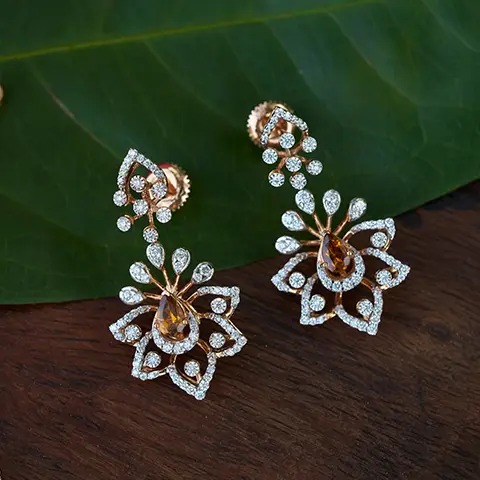 Diamond Flower Drop Earrings with Amber Stones in Rose Gold