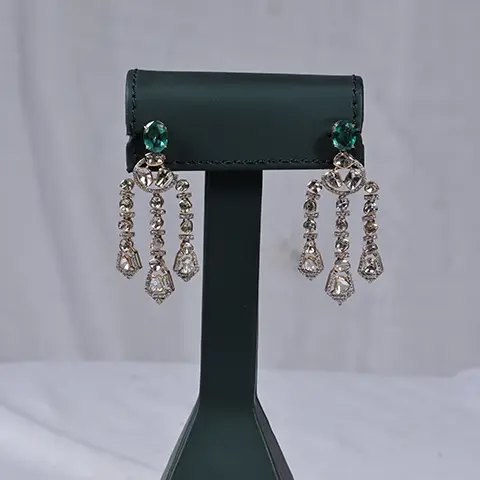 Polki Diamond Triple Drop Earrings with Emerald Green Stone Tops