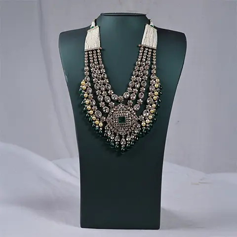 Polki Diamond Long Rani Haar with Emerald Centre and Green Bead Drops