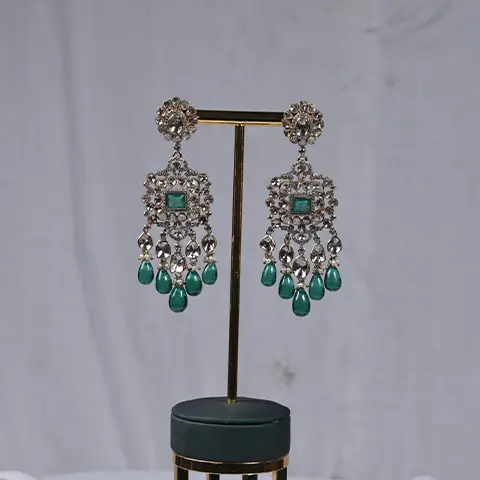 Antique Gold Emerald & Polki Diamond Chandelier Earrings
