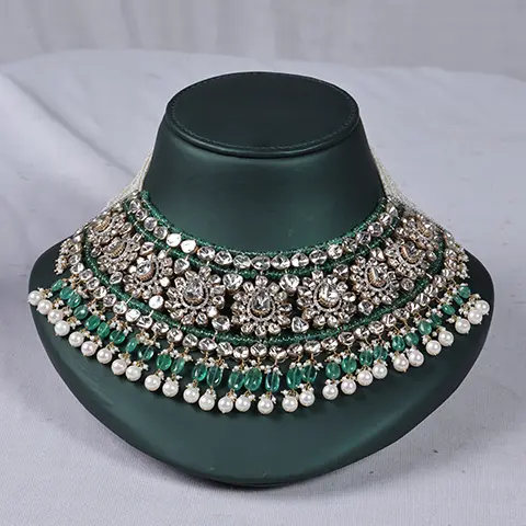 Antique Gold Emerald, Polki Diamond & Pearl Bridal Choker Necklace