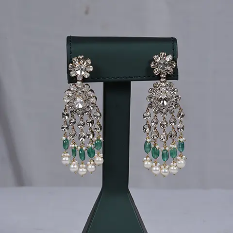 Antique Gold Polki Diamond, Emerald & Pearl Drop Earrings