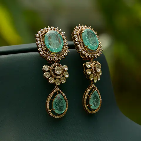 Polki Diamond Drop Earrings with Green Stones