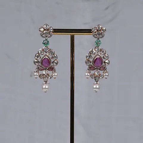 Polki Diamond, Ruby & Pearl Drop Earrings