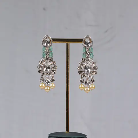 Polki Diamond & Mint Green Bead Drop Earrings