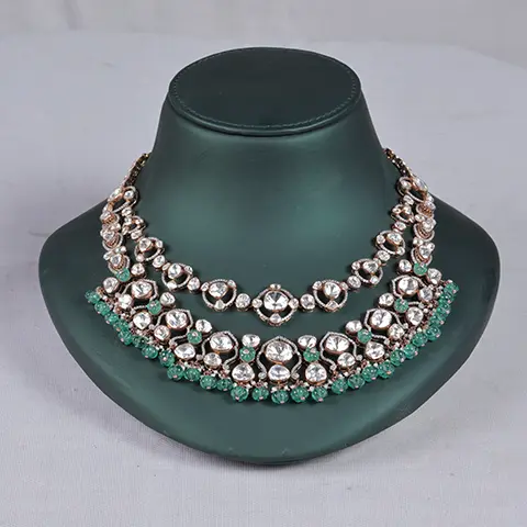 Antique Gold Polki Diamond & Emerald Bead Two-Layer Necklace
