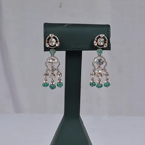 Rose Gold Polki Diamond & Emerald Bead Drop Earrings