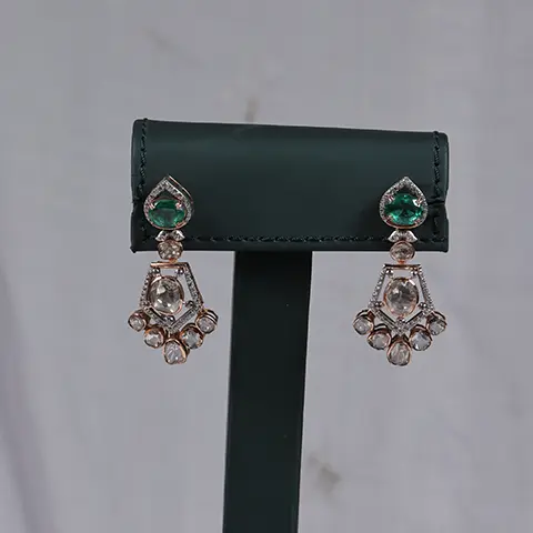 Polki Diamond Pentagon Drop Earrings with Emerald Green Tops