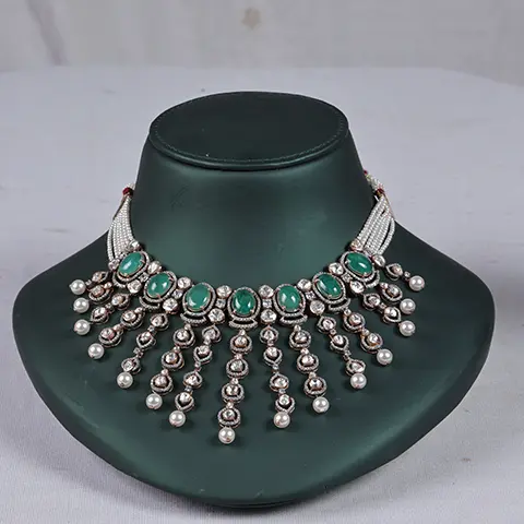 Polki Diamond Fringe Necklace with Oval Emerald Stones and Pearl Drops