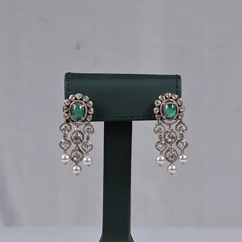 Polki Diamond Floral Halo Earrings with Emerald Centre and Pearl Drops