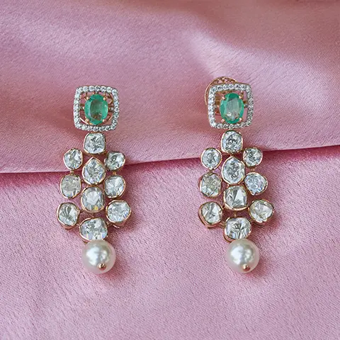 Polki Diamond Cluster Drop Earrings with Emerald and Pearl