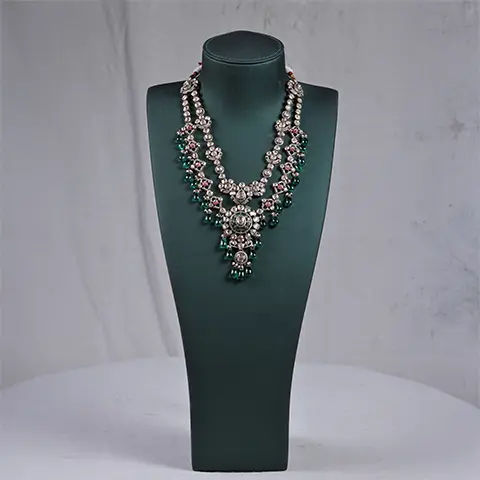 Polki Diamond Two-Layer Long Necklace with Ruby Accents and Emerald Bead Drops