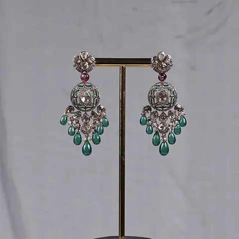 Polki Diamond Chandelier Earrings with Emerald Drops and Green Enamel Medallion