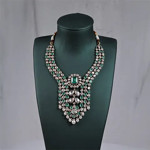 Polki Diamond Emerald Cascade Necklace with Square Emerald Centre