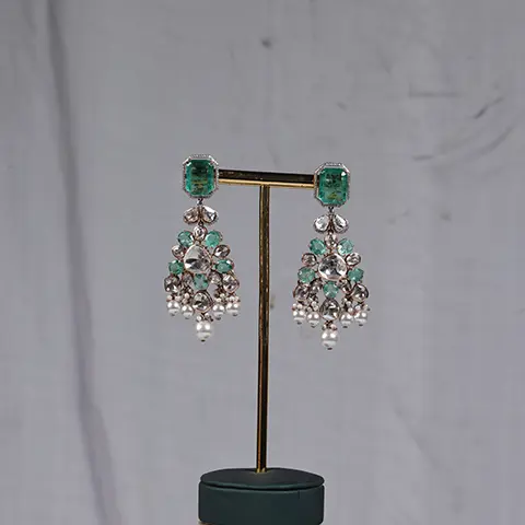 Polki Diamond Cluster Earrings with Emerald-Cut Green Tops and Pearl Drops