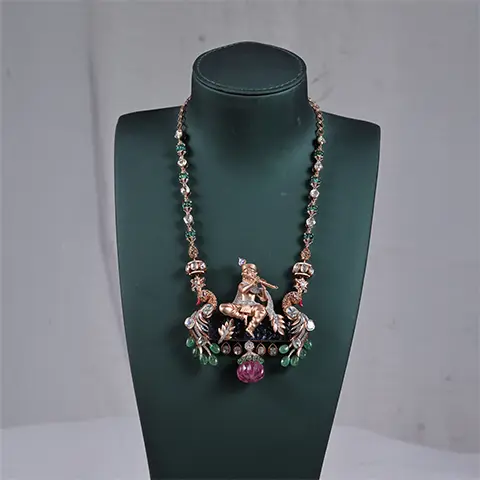 Lord Krishna Pendant Necklace with Peacock Motifs and Carved Ruby-Toned Drop