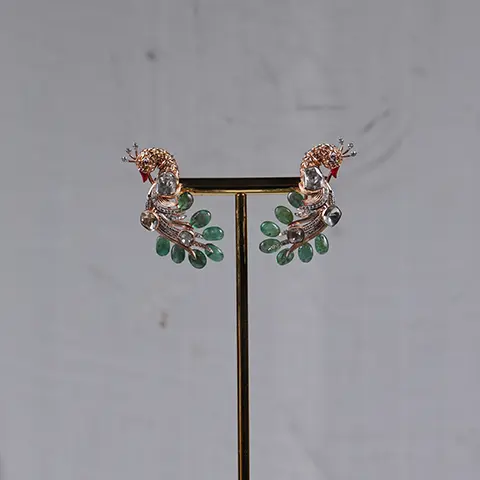 Peacock Stud Earrings with Emerald Bead Feathers in Rose Gold