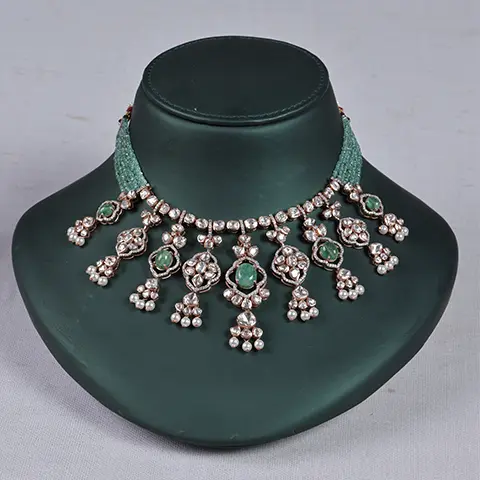 Polki Diamond Choker Necklace with Green Bead Strands and Pearl Cluster Drops