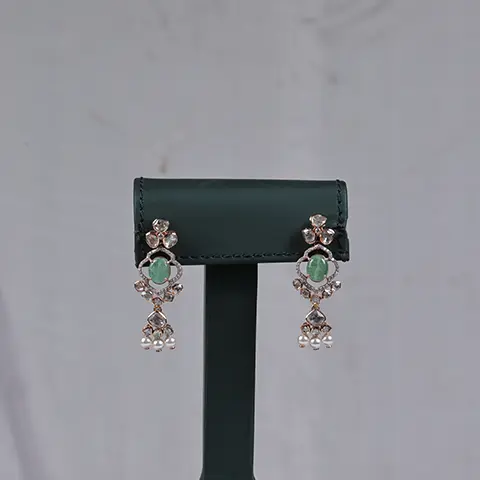 Polki Diamond Drop Earrings with Pale Green Centre Stone and Pearl Accents