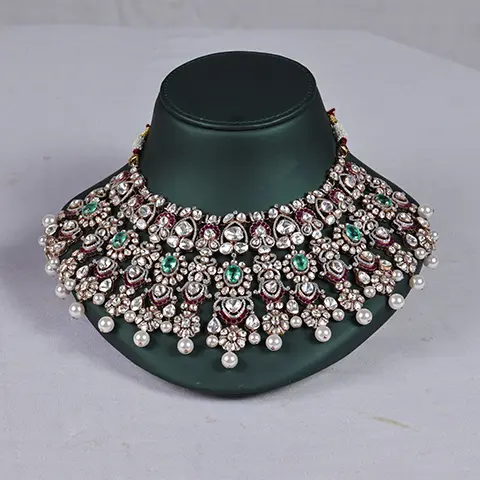 Polki Diamond Grand Bridal Choker Necklace with Emerald and Ruby Accents and Pearl Drops