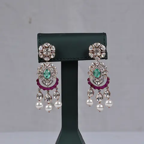Polki Ruby Crescent Pearl Earrings