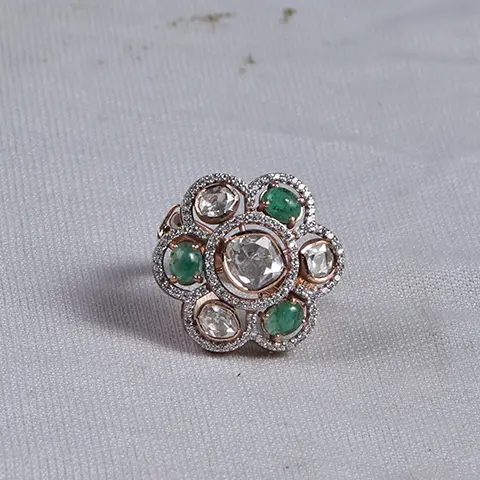 Rose Gold Polki Diamond & Emerald Floral Cocktail Ring
