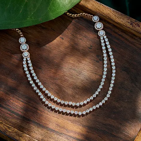Two-Layer Diamond Line Necklace with Round Cluster Accents in Rose Gold