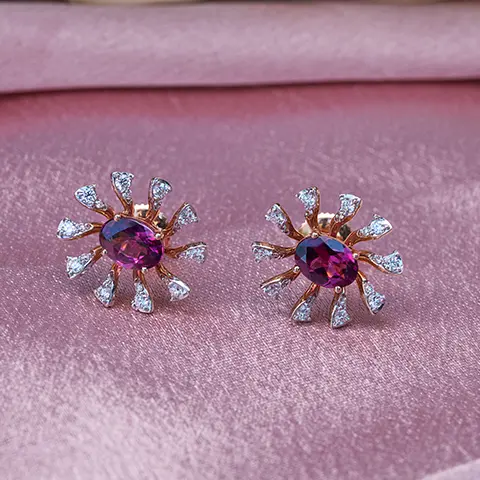 Diamond Sunburst Stud Earrings with Purple Gemstones in Rose Gold