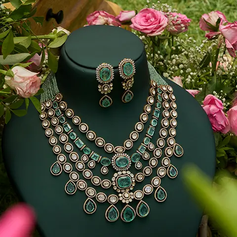 Emerald Green Polki Diamond Layered Necklace Set