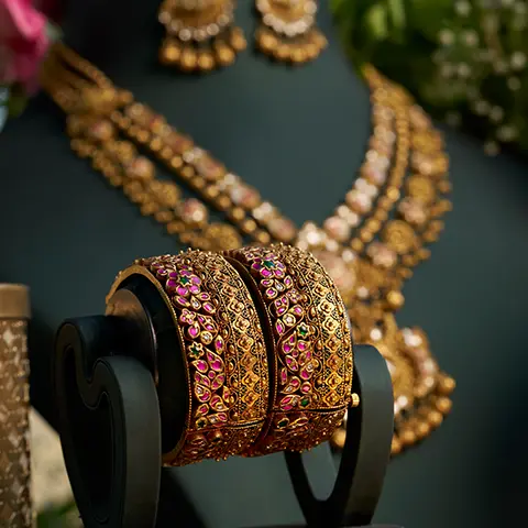 Antique Gold Bangles with Pink and Green Stone