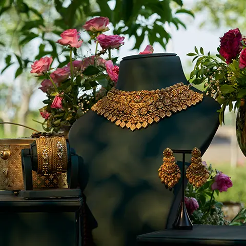 Antique Gold Bridal Choker Set with Earrings and Bangles