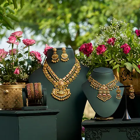 Layered Antique Gold Haar Set with Earrings and Pink Stone Bangles