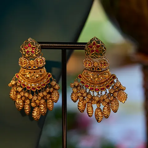 Antique Gold Chandbali Earrings with Ruby-Pink Stones
