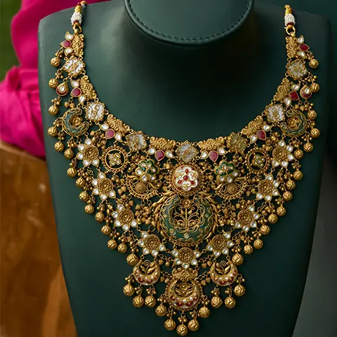 Antique Gold Bridal Necklace with Green Enamel Centrepiece