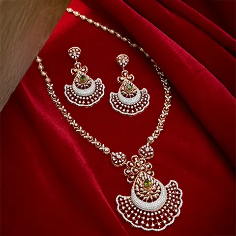 Diamond Crescent Fan Pendant Necklace Set