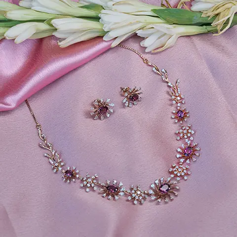 Diamond Floral Blossom Necklace Set with Pink Stones