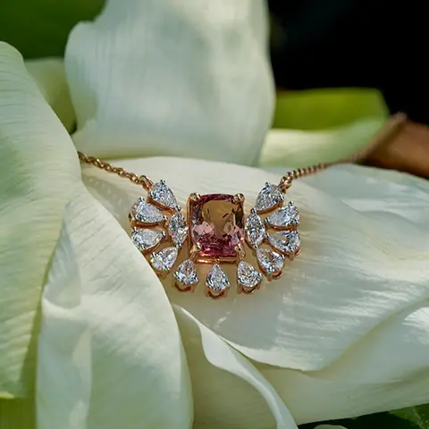 Pear Diamond Fan Pendant with Pink Gemstone