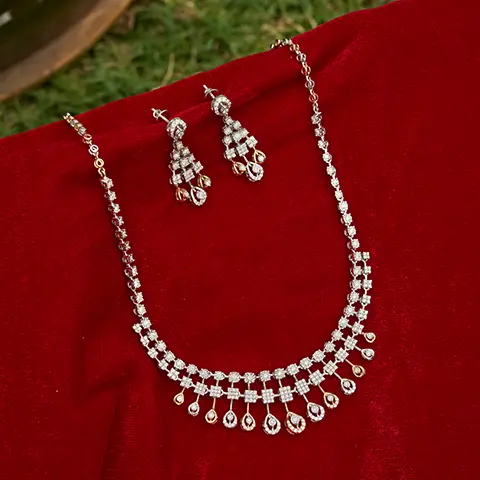 Diamond Teardrop Fringe Necklace Set with Chandelier Earrings